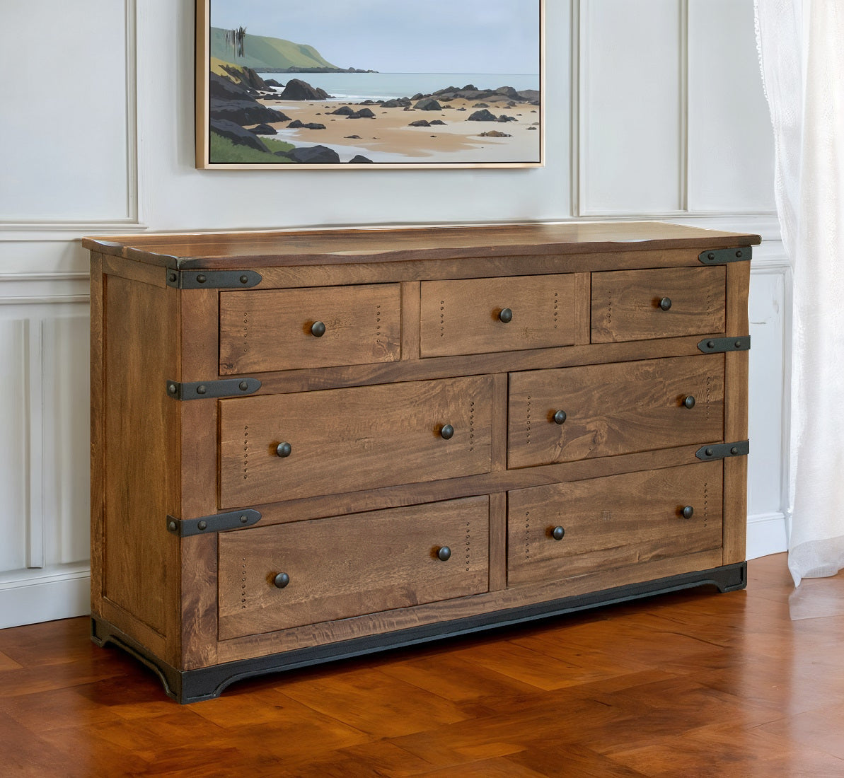 70" Brown and Black Solid Wood Seven Drawer Triple Dresser - GreatEagleInc