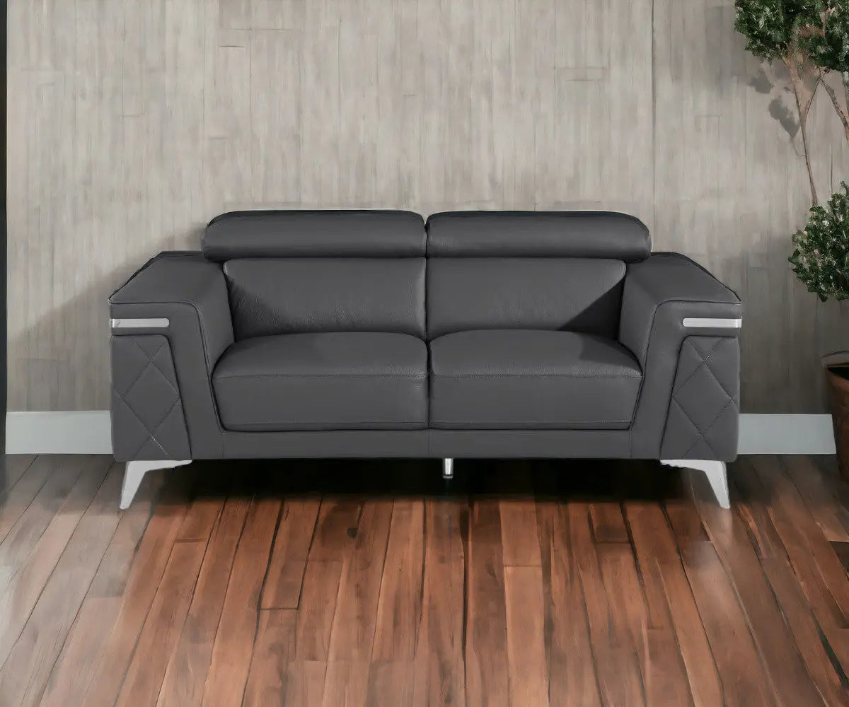 70" Dark Gray And Silver Metallic Leather Loveseat - GreatEagleInc