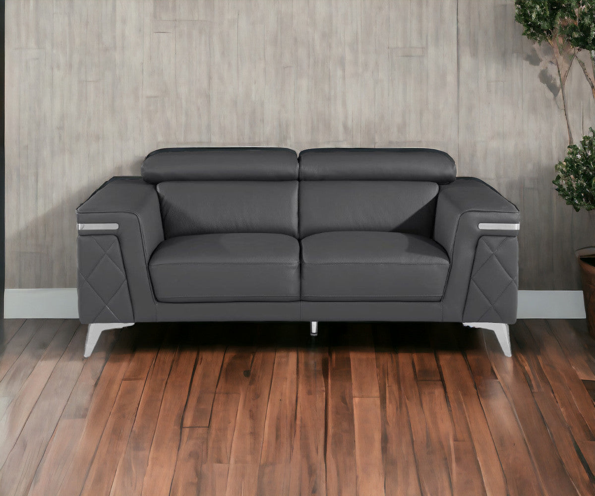 70" Dark Gray And Silver Metallic Leather Loveseat - GreatEagleInc