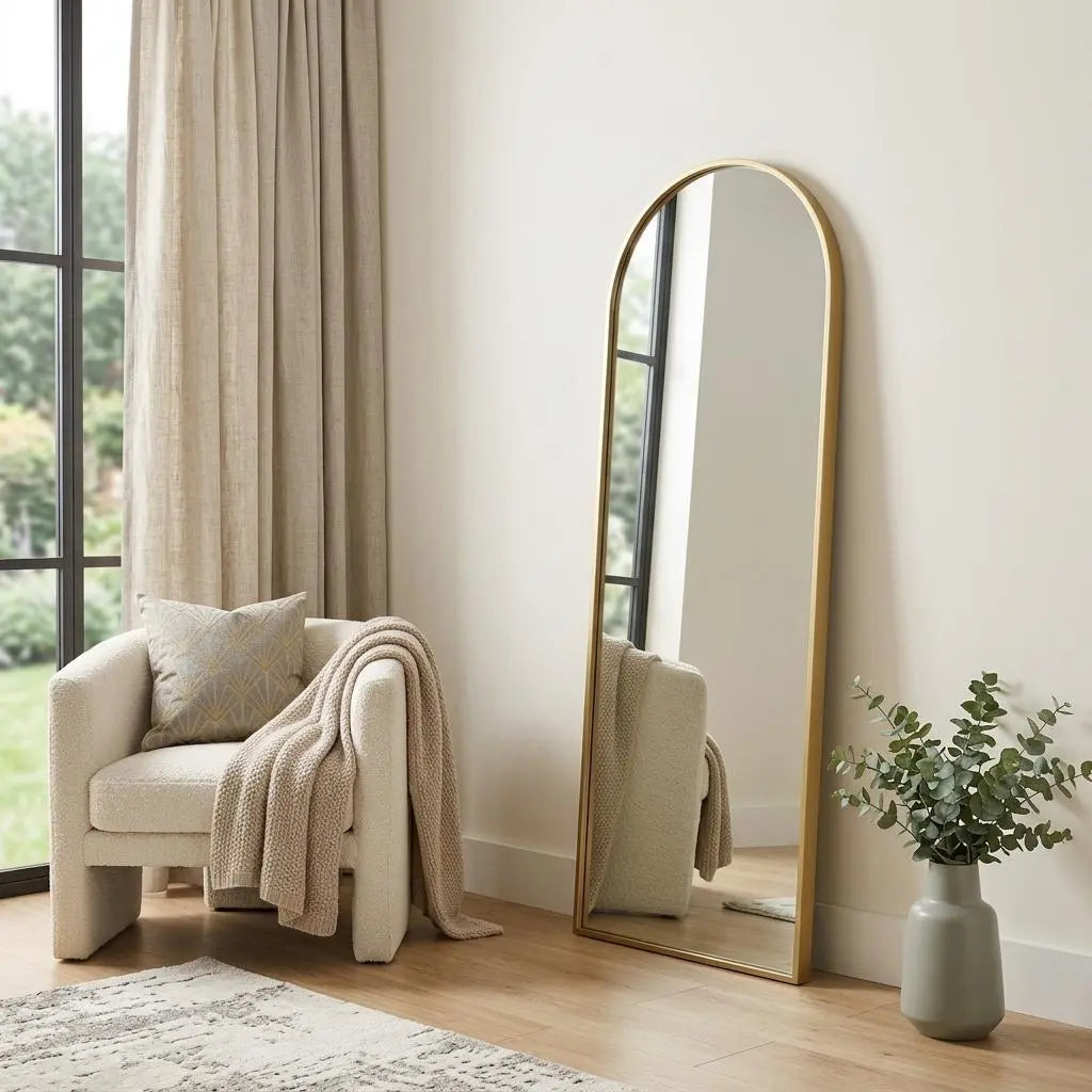 70" Gold Metal Arch Wall Mounted Leaning Or Freestanding Framed Full Length Mirror Homeroots Bed & Bath