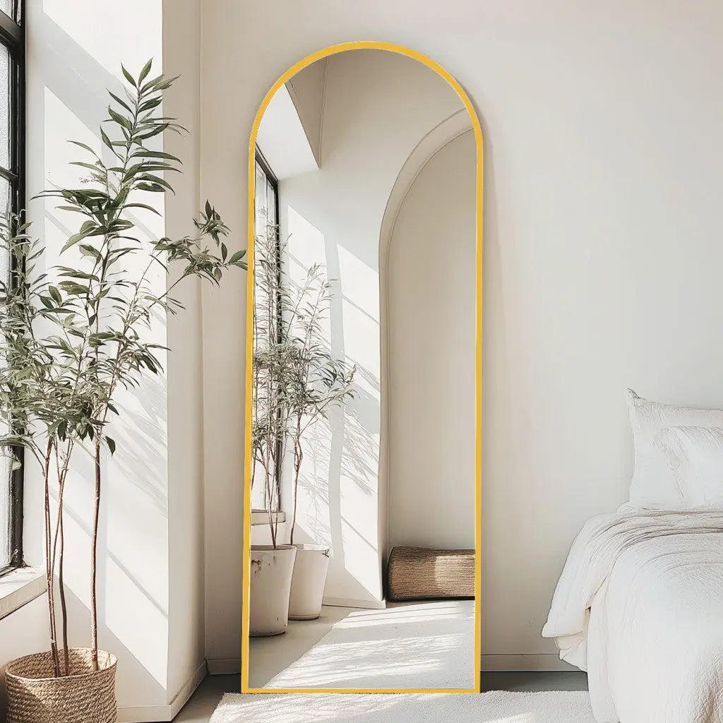 70" Gold Metal Arch Wall Mounted Leaning Or Freestanding Framed Full Length Mirror Homeroots Bed & Bath
