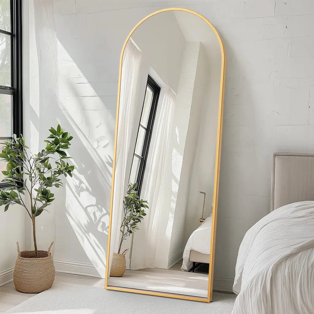 70" Gold Metal Arch Wall Mounted Leaning Or Freestanding Framed Full Length Mirror Homeroots Bed & Bath
