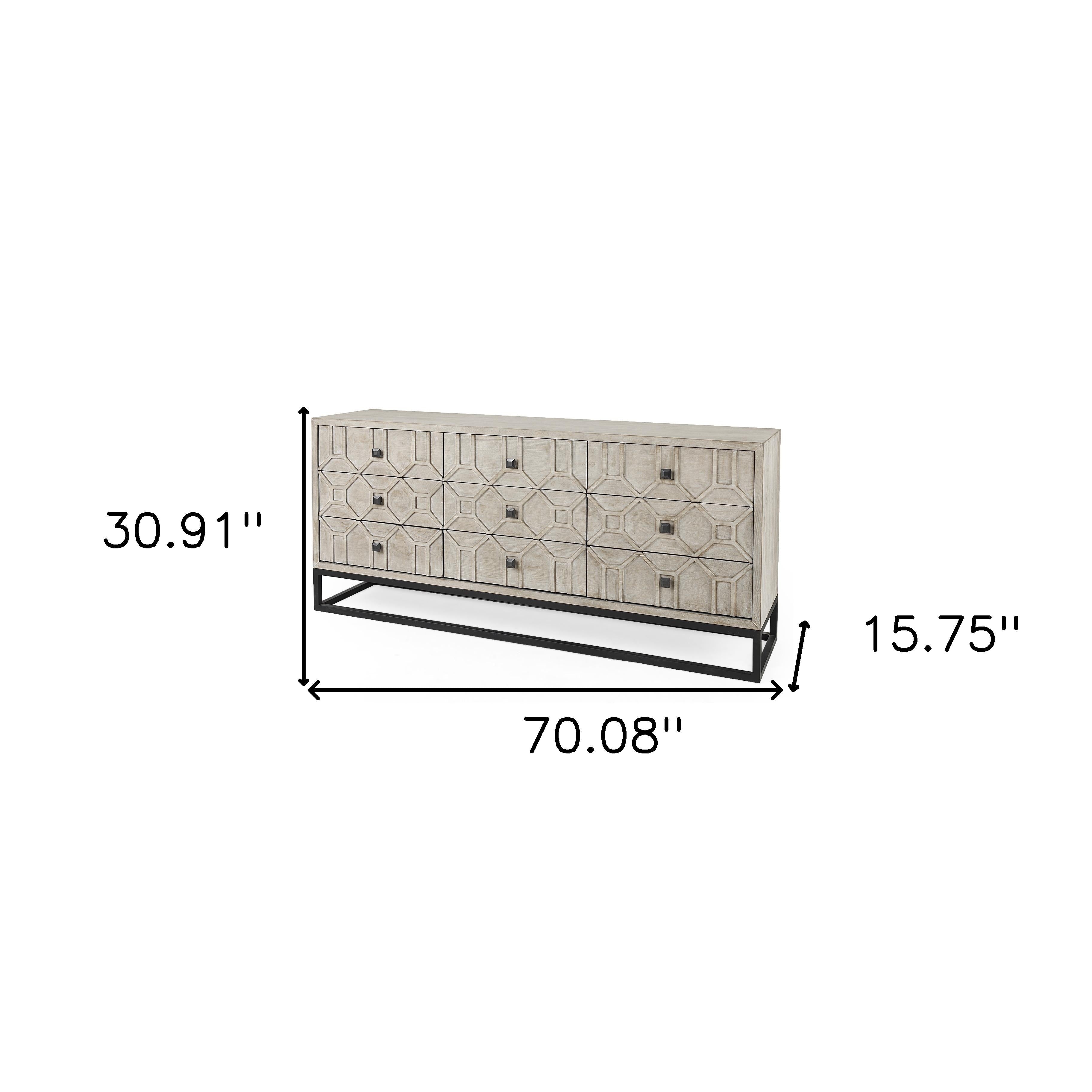 70" Light Brown Wood Carved Geometric Nine Drawer Sideboard Homeroots Kitchen & Dining