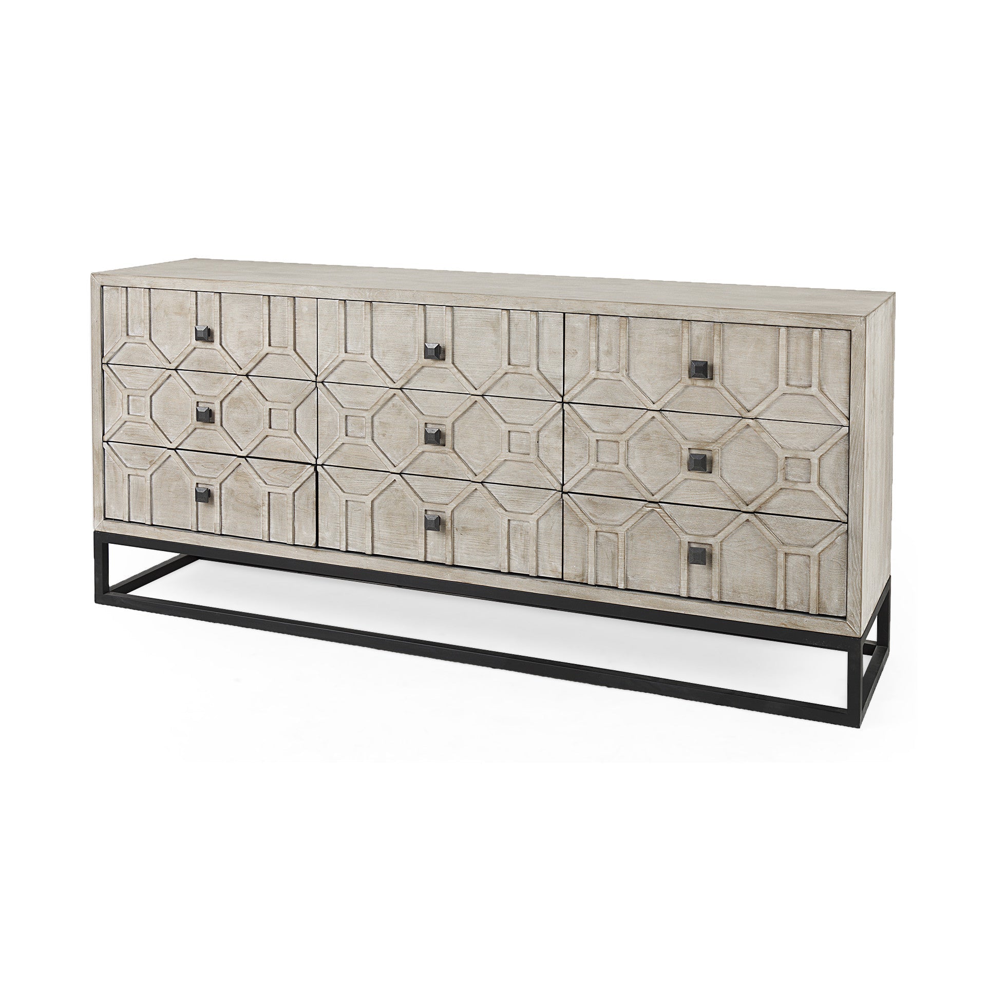 70" Light Brown Wood Carved Geometric Nine Drawer Sideboard Homeroots Kitchen & Dining