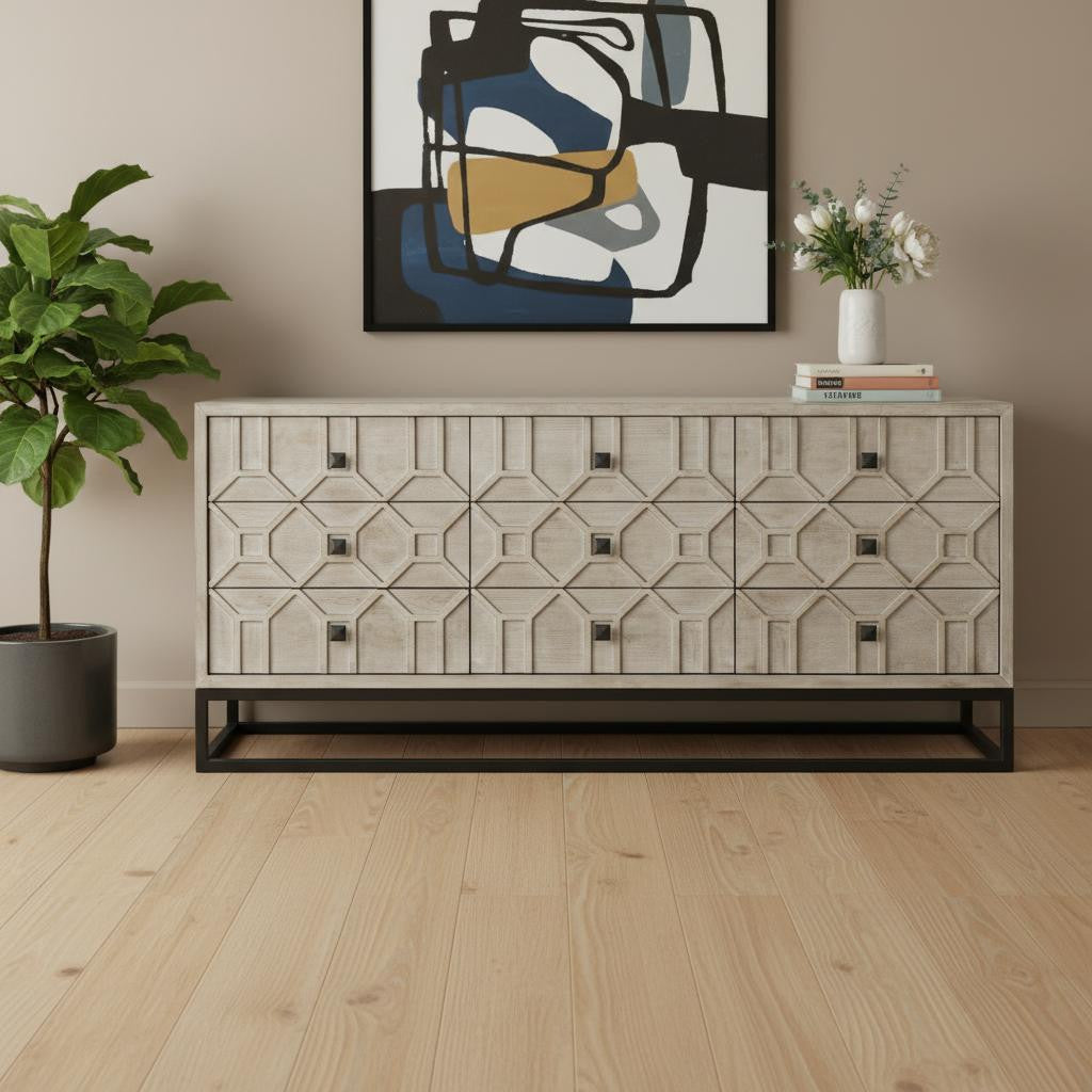 70" Light Brown Wood Carved Geometric Nine Drawer Sideboard Homeroots Kitchen & Dining