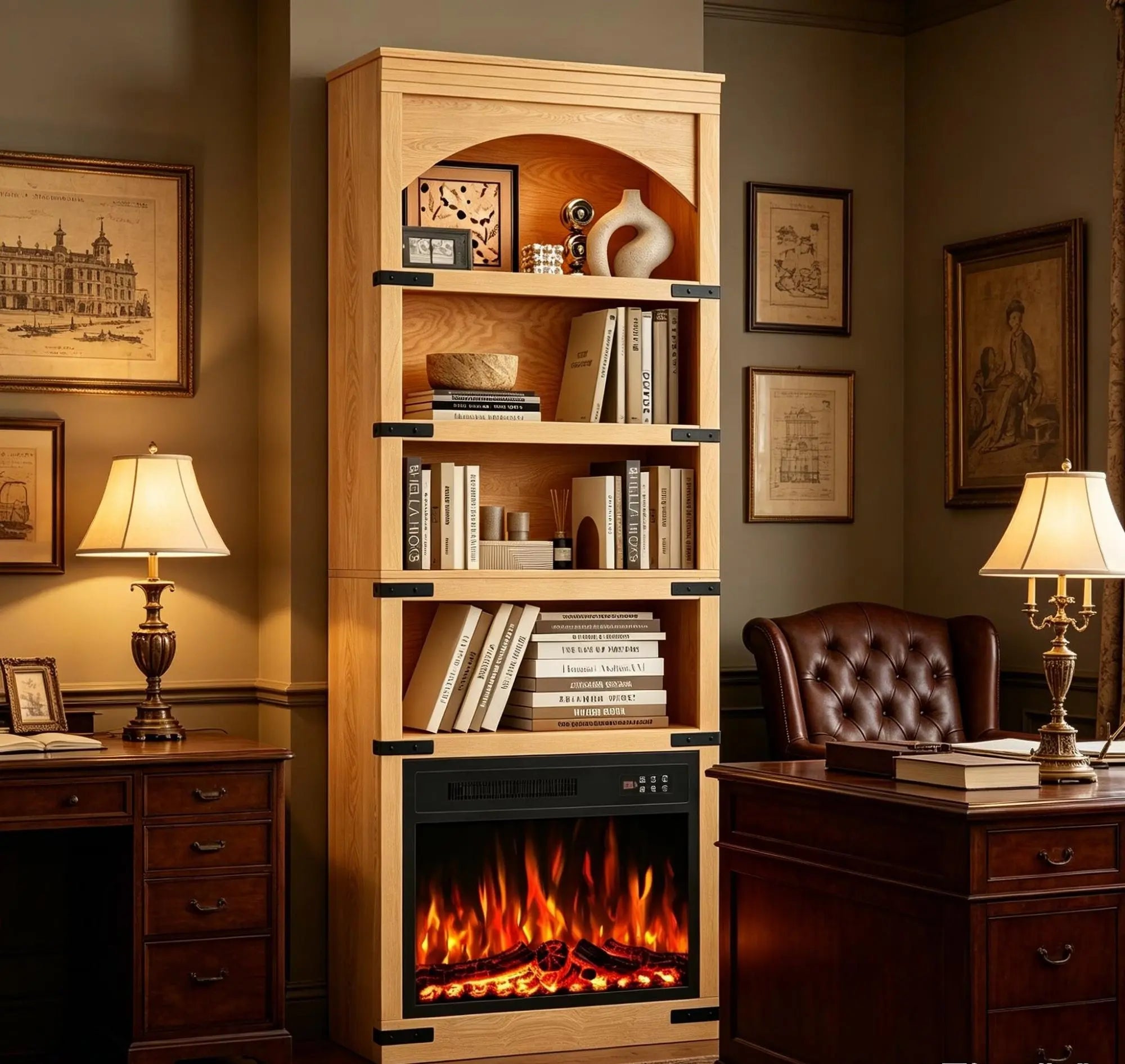 70" Natural Wood Four Tier USB Bookcase Homeroots Office