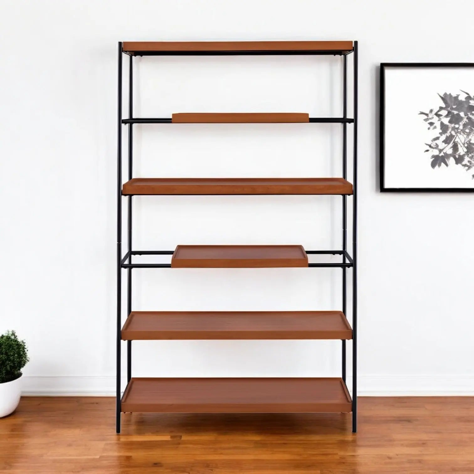 70" Oak And Black Metal and Wood Six Tier Etagere Bookcase Homeroots Office