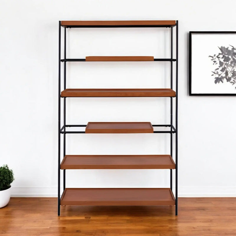 70" Oak And Black Metal and Wood Six Tier Etagere Bookcase Homeroots Office
