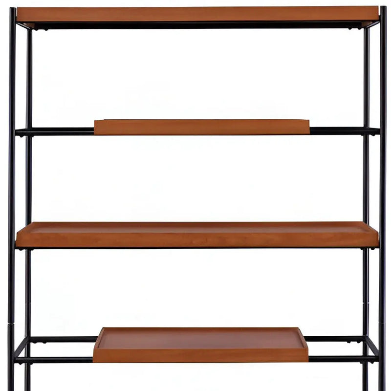 70" Oak And Black Metal and Wood Six Tier Etagere Bookcase Homeroots Office
