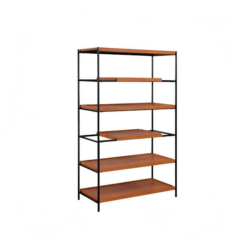70" Oak And Black Metal and Wood Six Tier Etagere Bookcase Homeroots Office