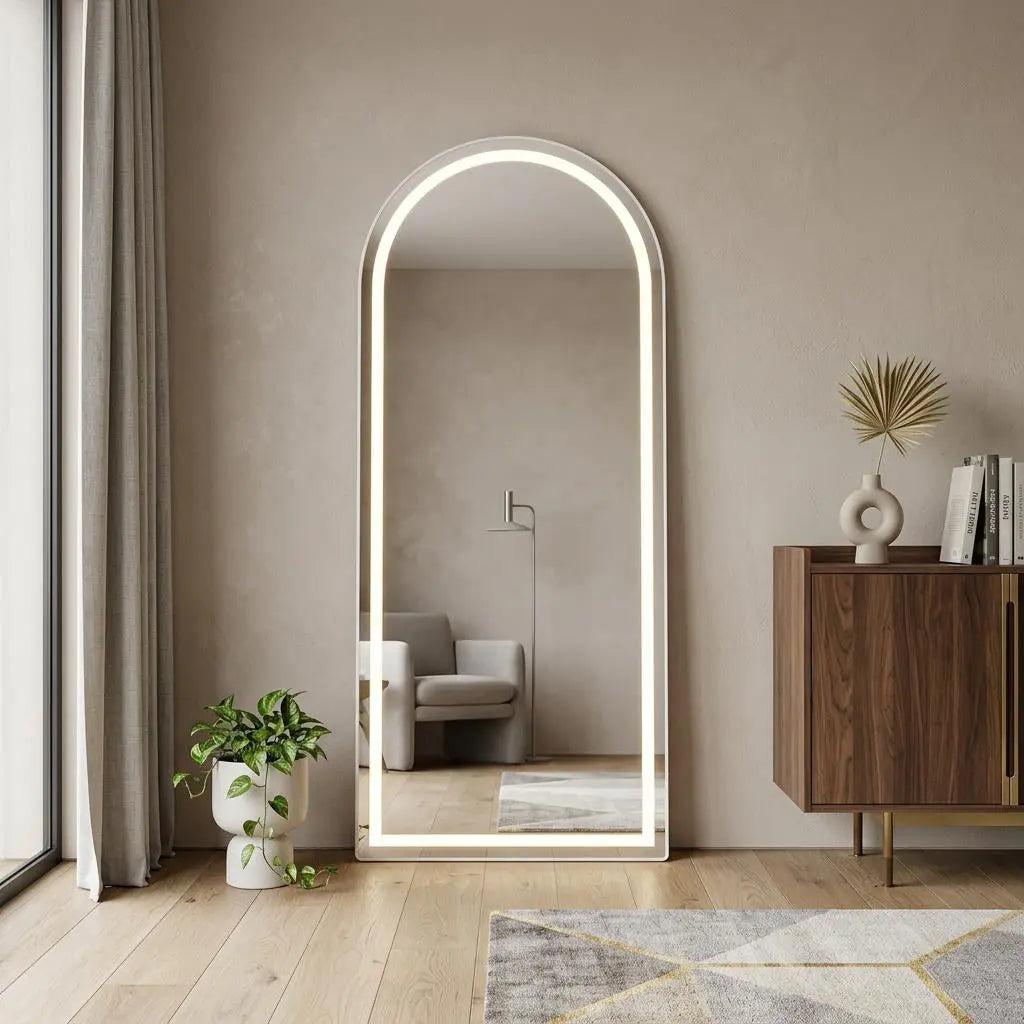 70" Silver Arch Lighted Freestanding And Wall Mounted Framed Full Length Mirror Homeroots Bed & Bath