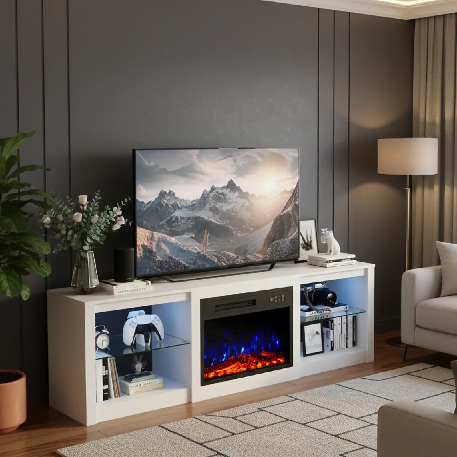 70" White Wood Fireplace Entertainment Center With Fireplace Homeroots Living Room
