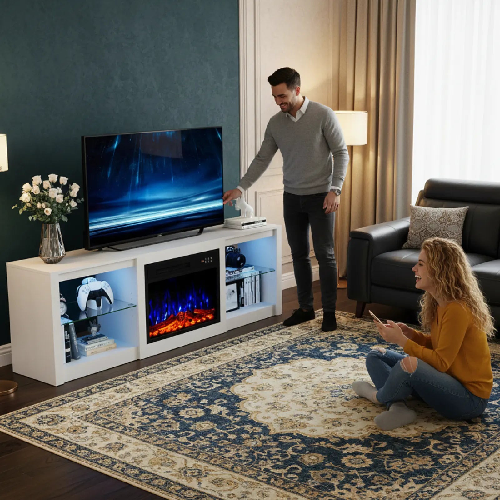 70" White Wood Fireplace Entertainment Center With Fireplace Homeroots Living Room