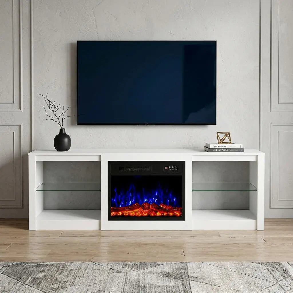 70" White Wood Fireplace Entertainment Center With Fireplace Homeroots Living Room