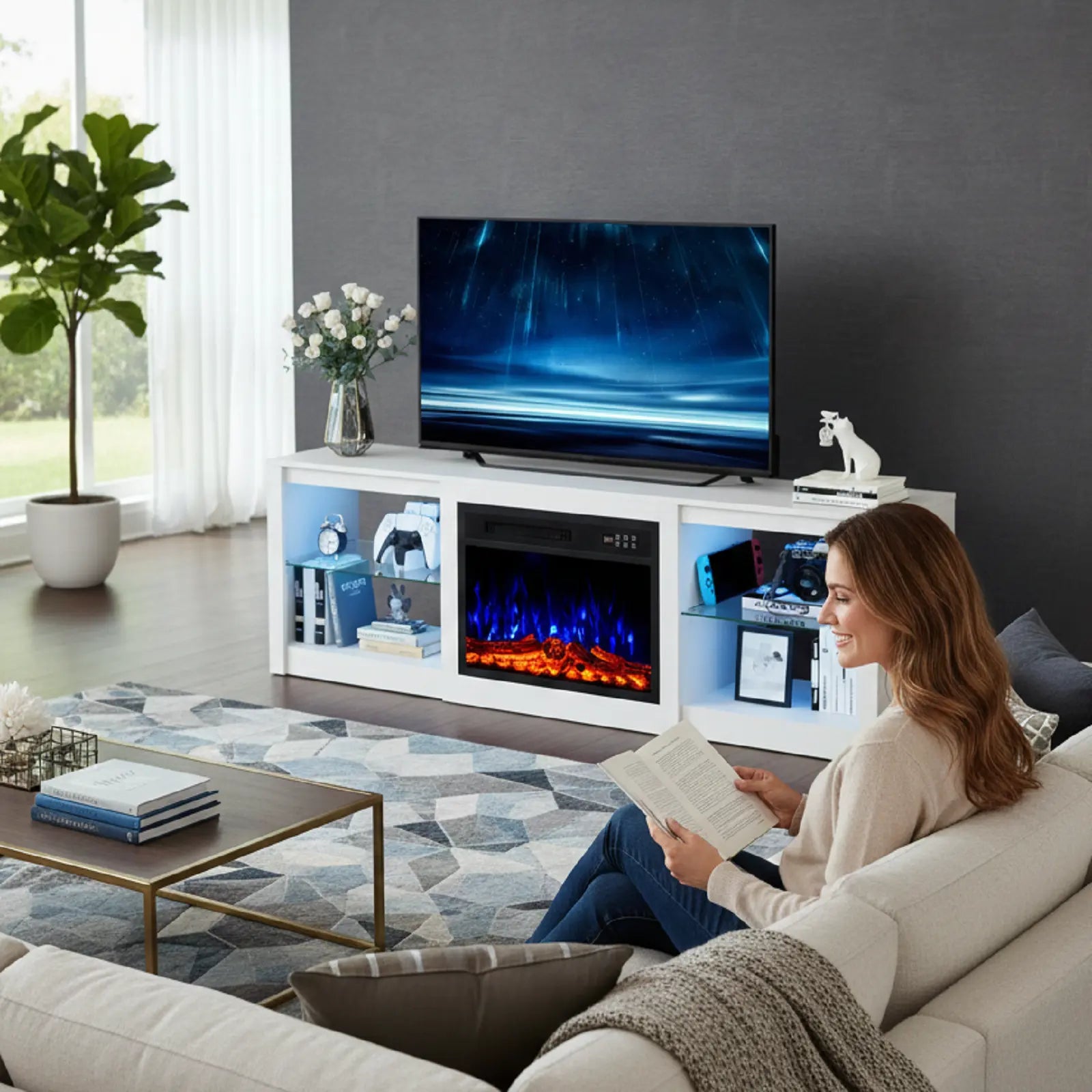 70" White Wood Fireplace Entertainment Center With Fireplace Homeroots Living Room