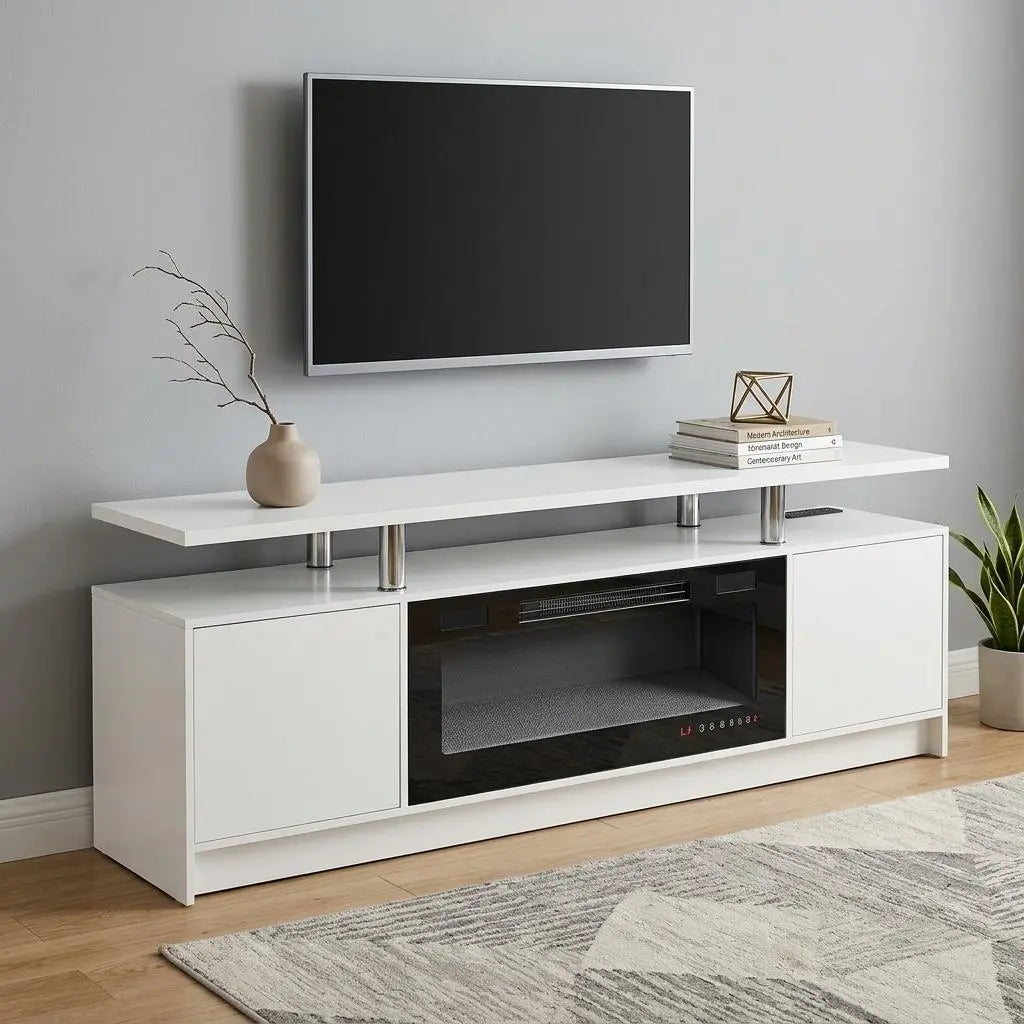 70" White Wood Fireplace TV Stand With Fireplace Homeroots Living Room