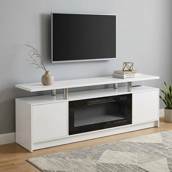 70" White Wood Fireplace TV Stand With Fireplace Homeroots Living Room