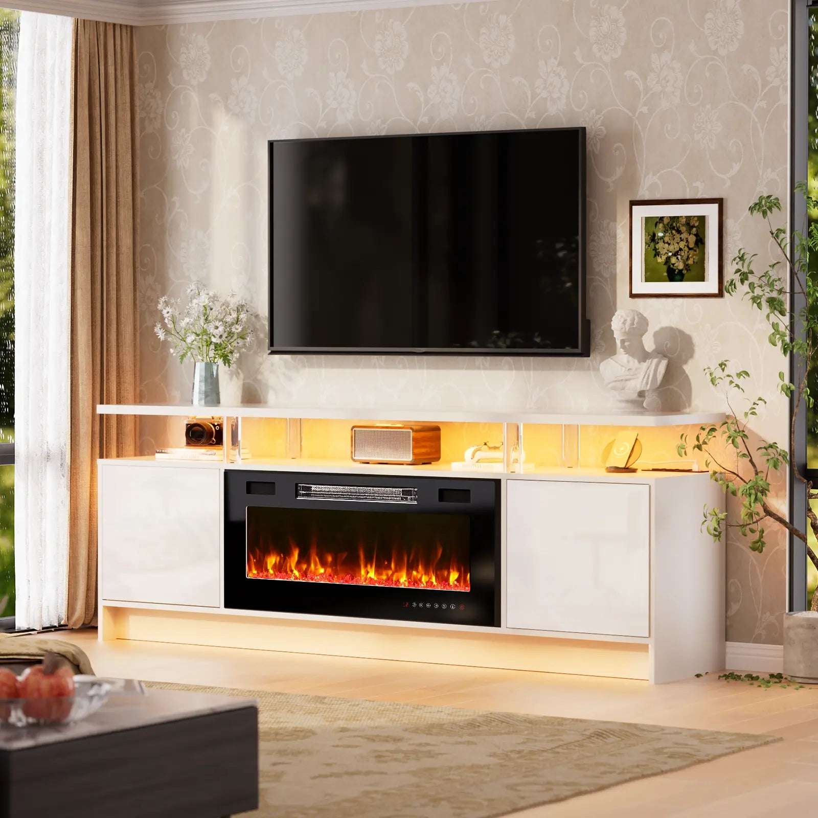 70" White Wood Fireplace TV Stand With Fireplace Homeroots Living Room