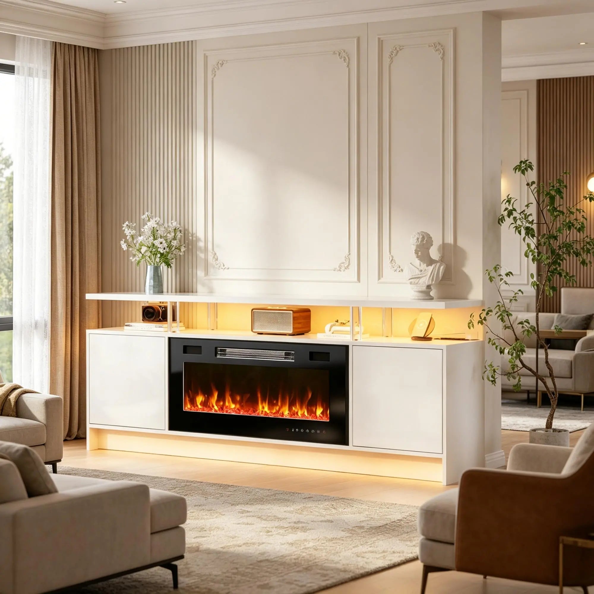 70" White Wood Fireplace TV Stand With Fireplace Homeroots Living Room