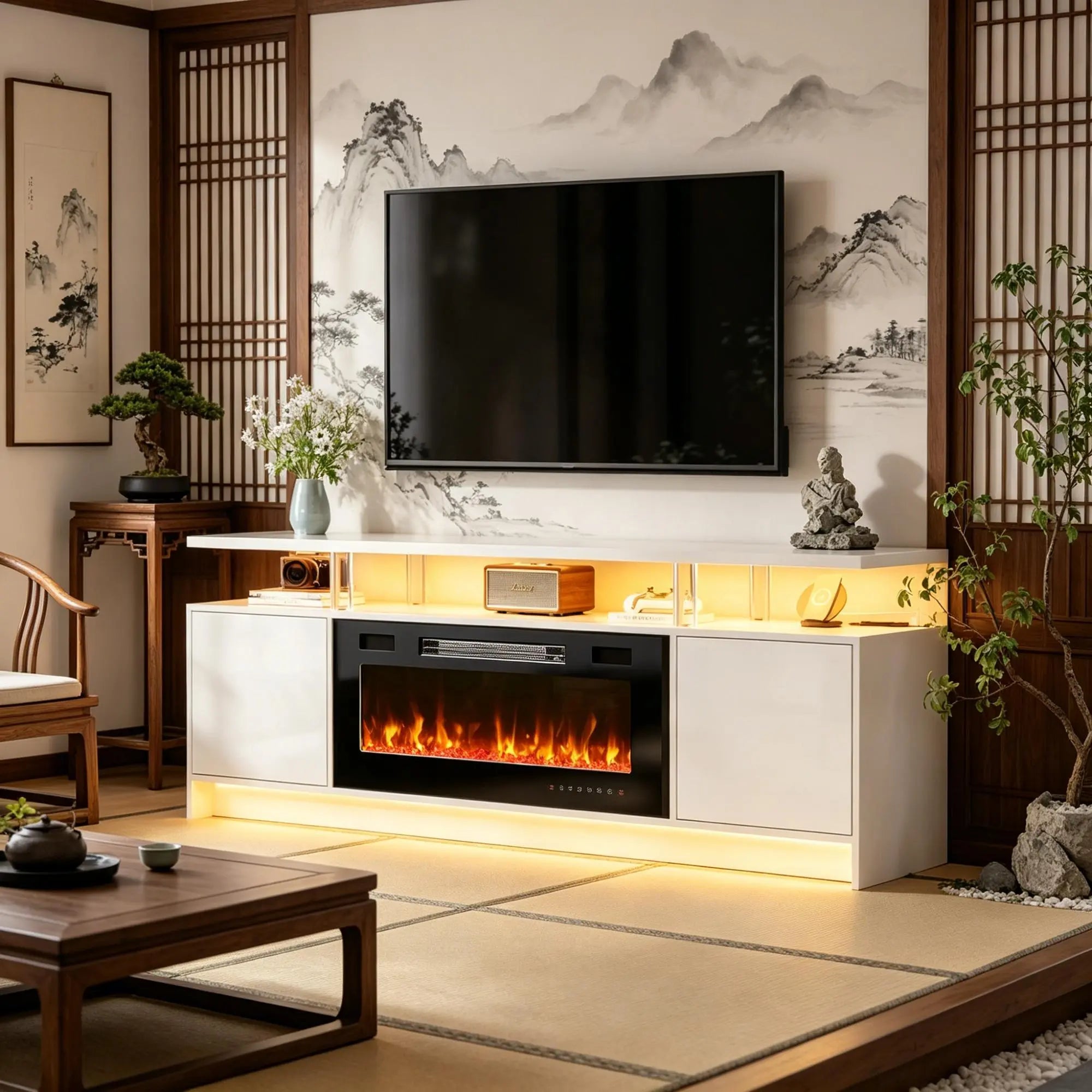 70" White Wood Fireplace TV Stand With Fireplace Homeroots Living Room