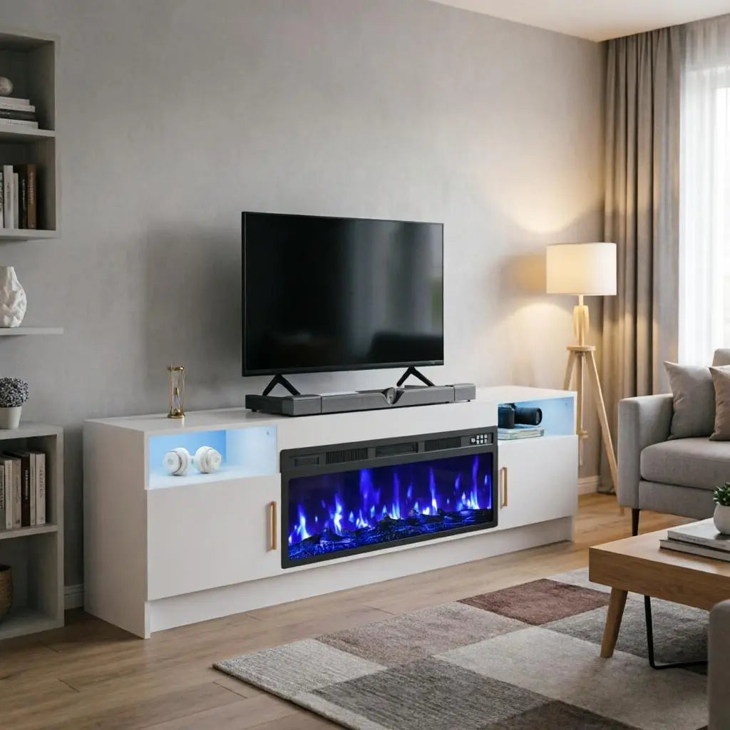 70" White Wood Fireplace TV Stand With Fireplace Homeroots Living Room