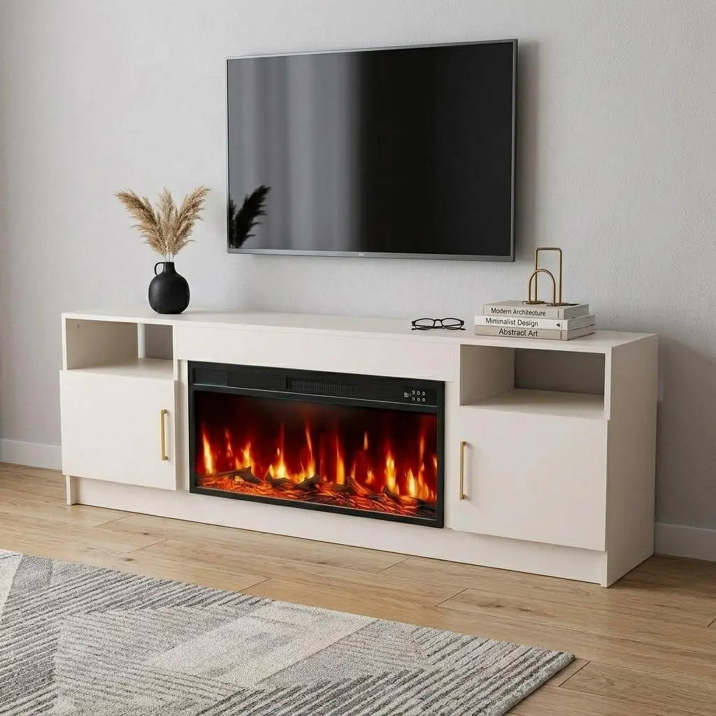 70" White Wood Fireplace TV Stand With Fireplace Homeroots Living Room