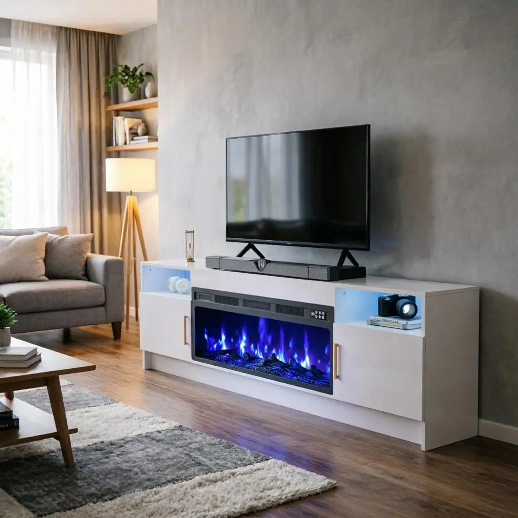 70" White Wood Fireplace TV Stand With Fireplace Homeroots Living Room