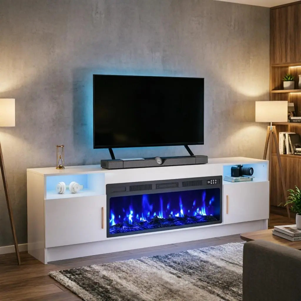70" White Wood Fireplace TV Stand With Fireplace Homeroots Living Room