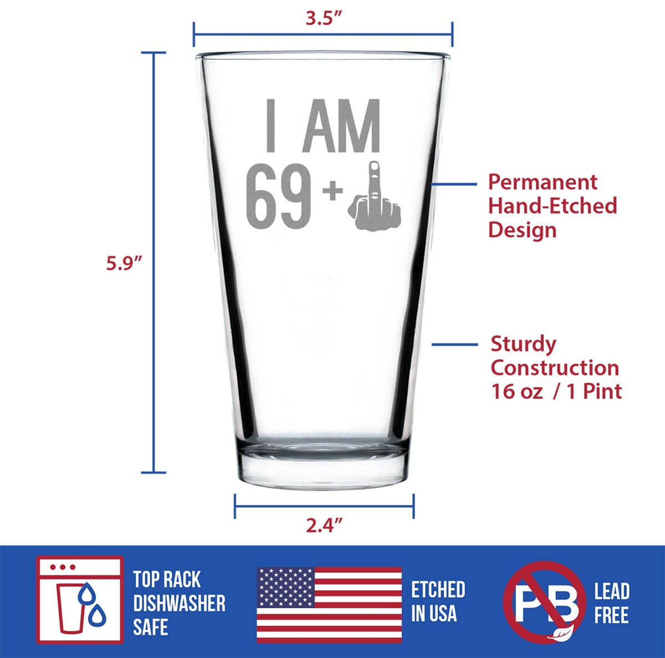 70th Birthday Gifts - 69 Middle Finger Pint Glass for Beer Bevvee