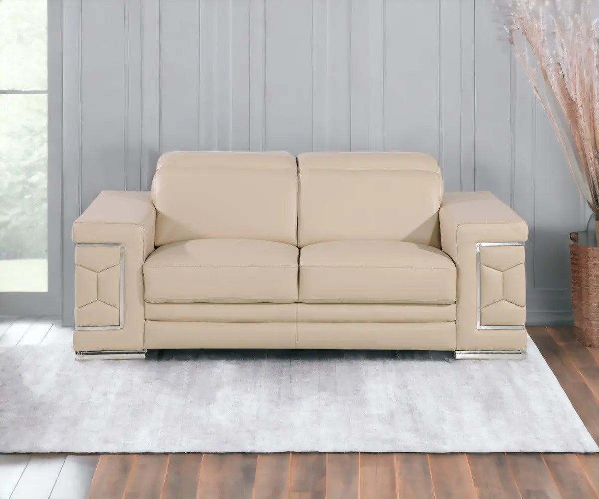 71" Beige And Silver Genuine Leather Loveseat Homeroots Living Room