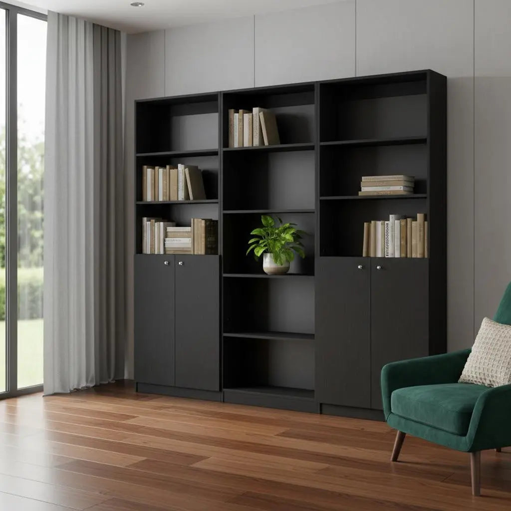 71" Black Five Tier Bookcase with Four Doors Homeroots Office