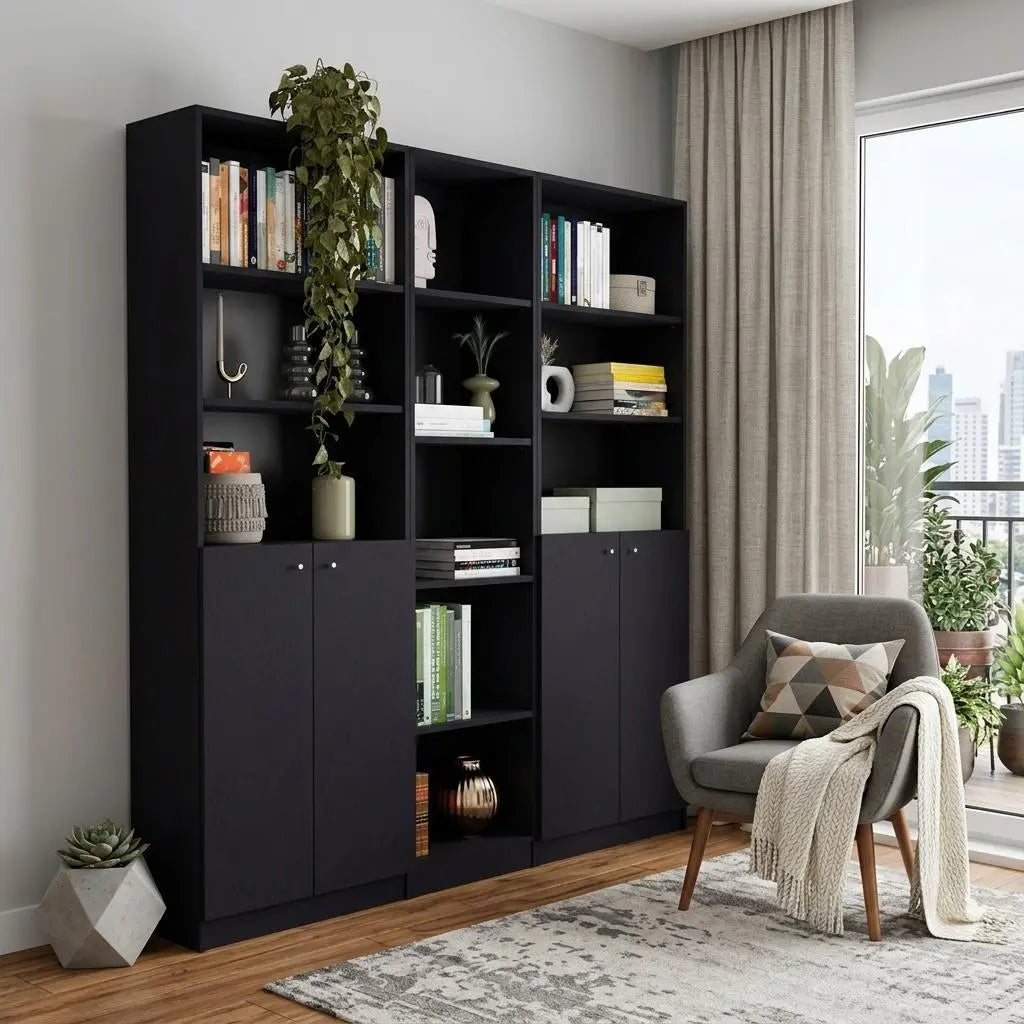 71" Black Five Tier Bookcase with Four Doors Homeroots Office