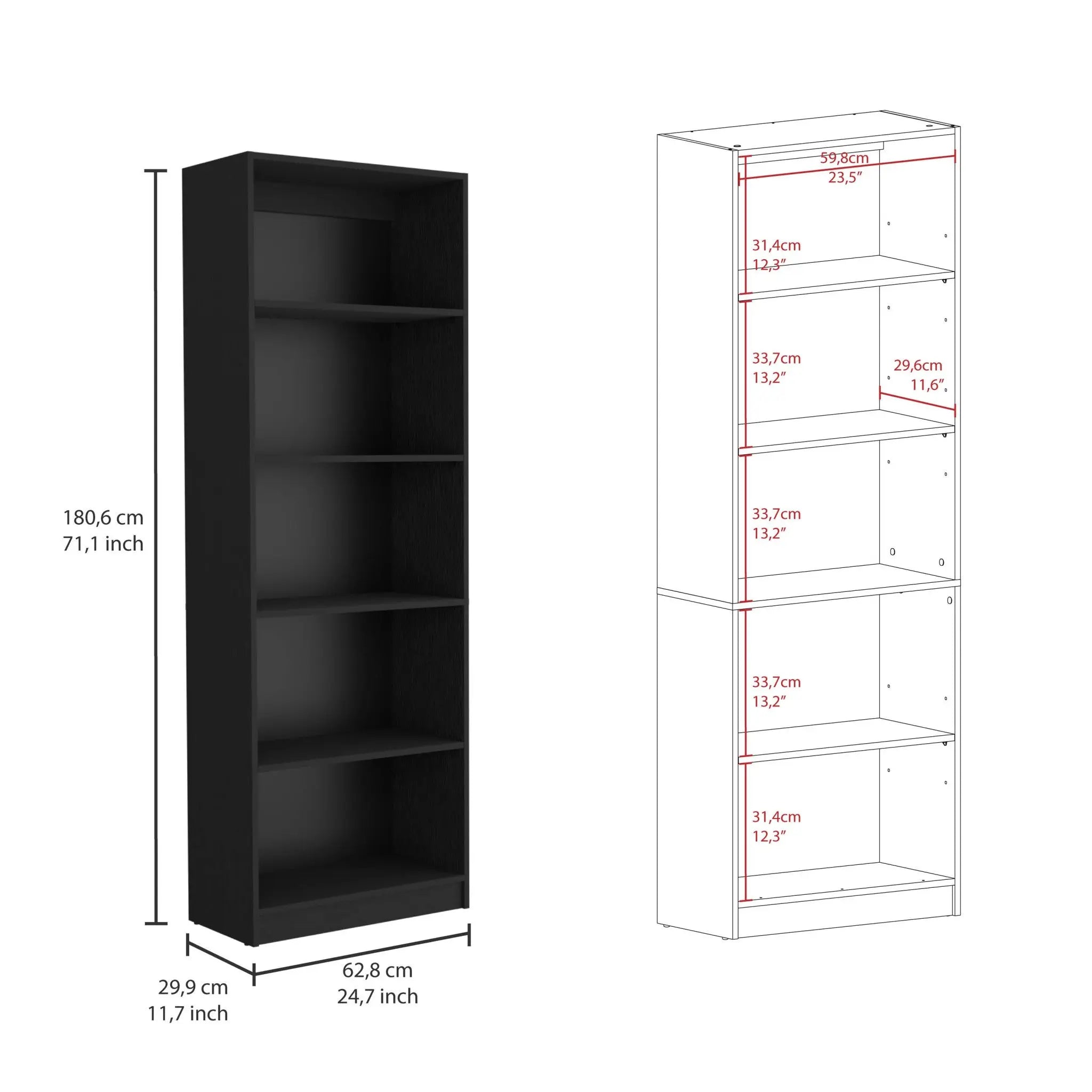 71" Black Five Tier Bookcase with Two doors Homeroots Office