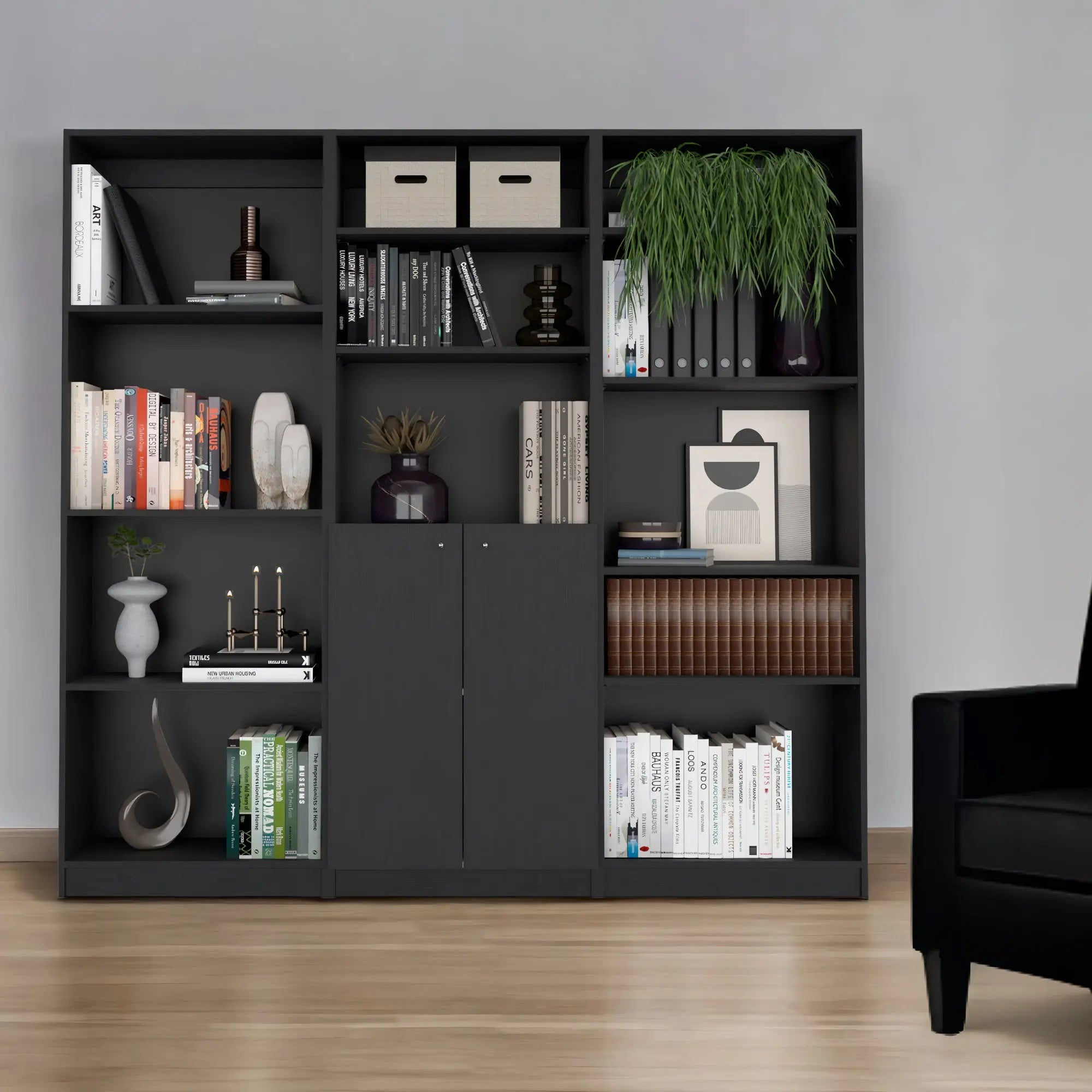 71" Black Five Tier Bookcase with Two doors Homeroots Office
