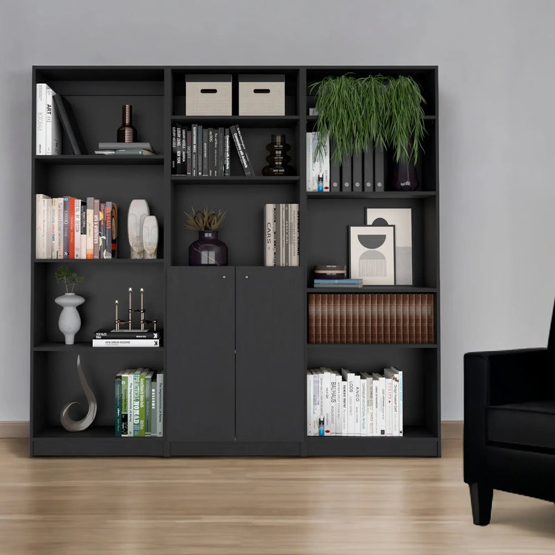71" Black Five Tier Bookcase with Two doors Homeroots Office