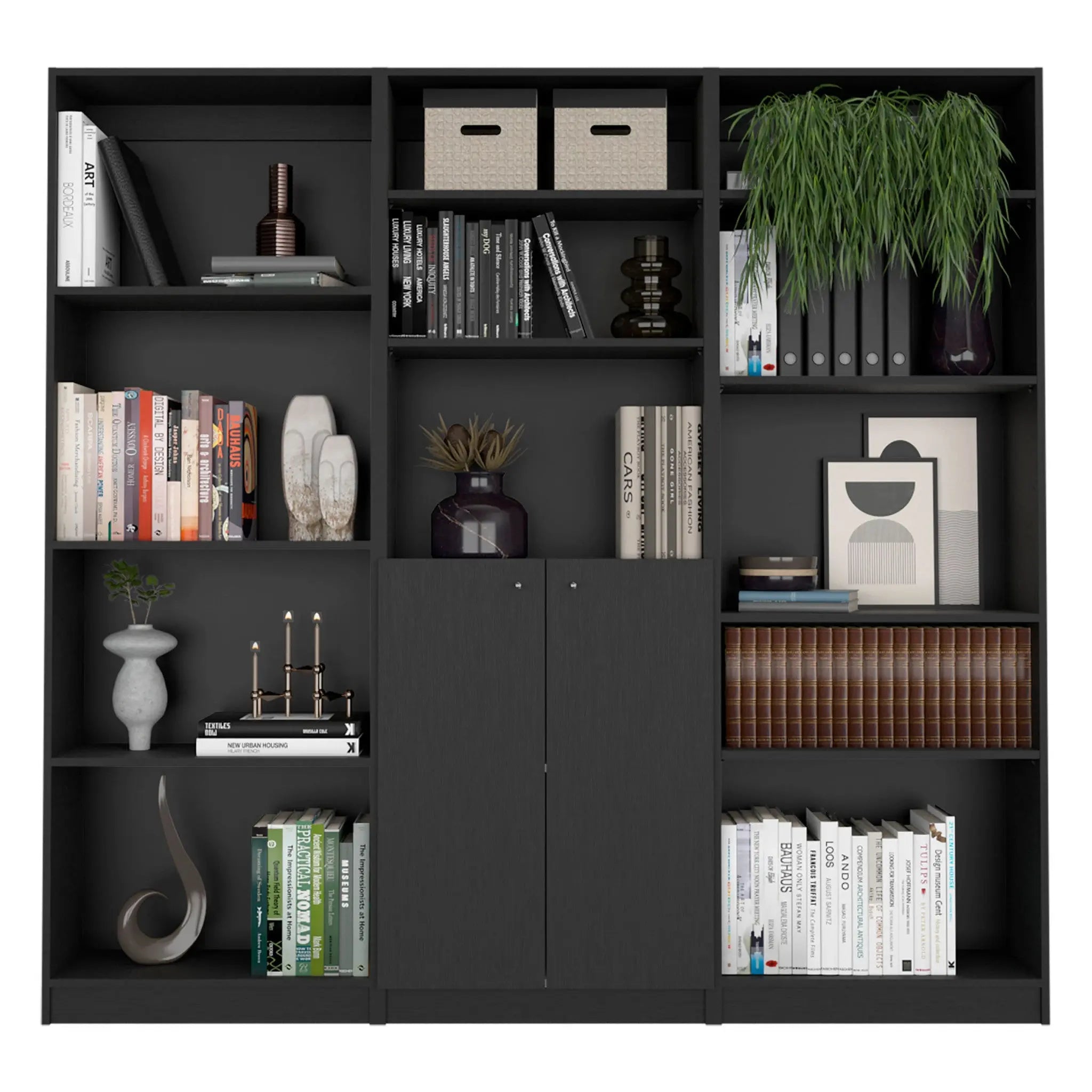 71" Black Five Tier Bookcase with Two doors Homeroots Office