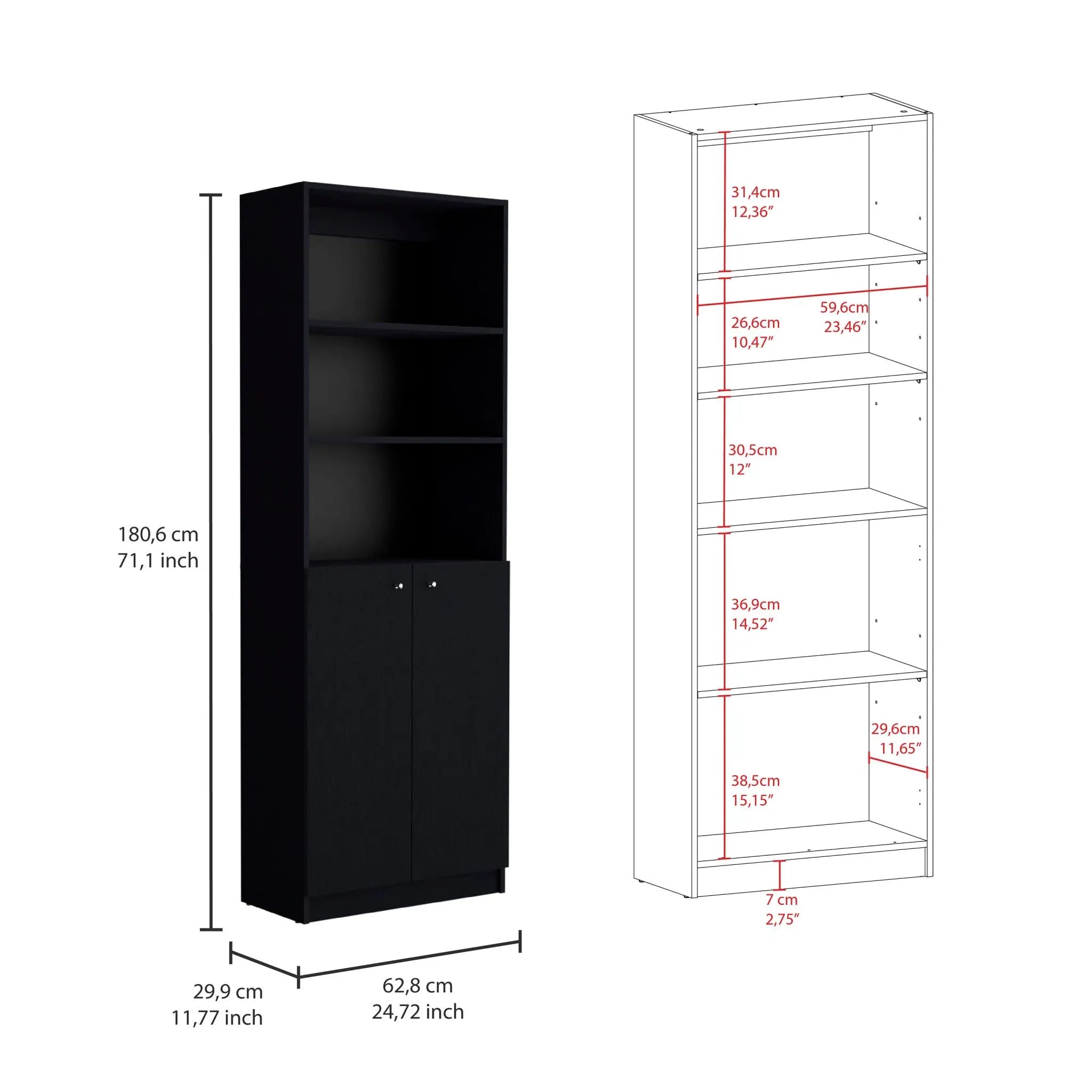 71" Black Five Tier Bookcase with Two doors Homeroots Office