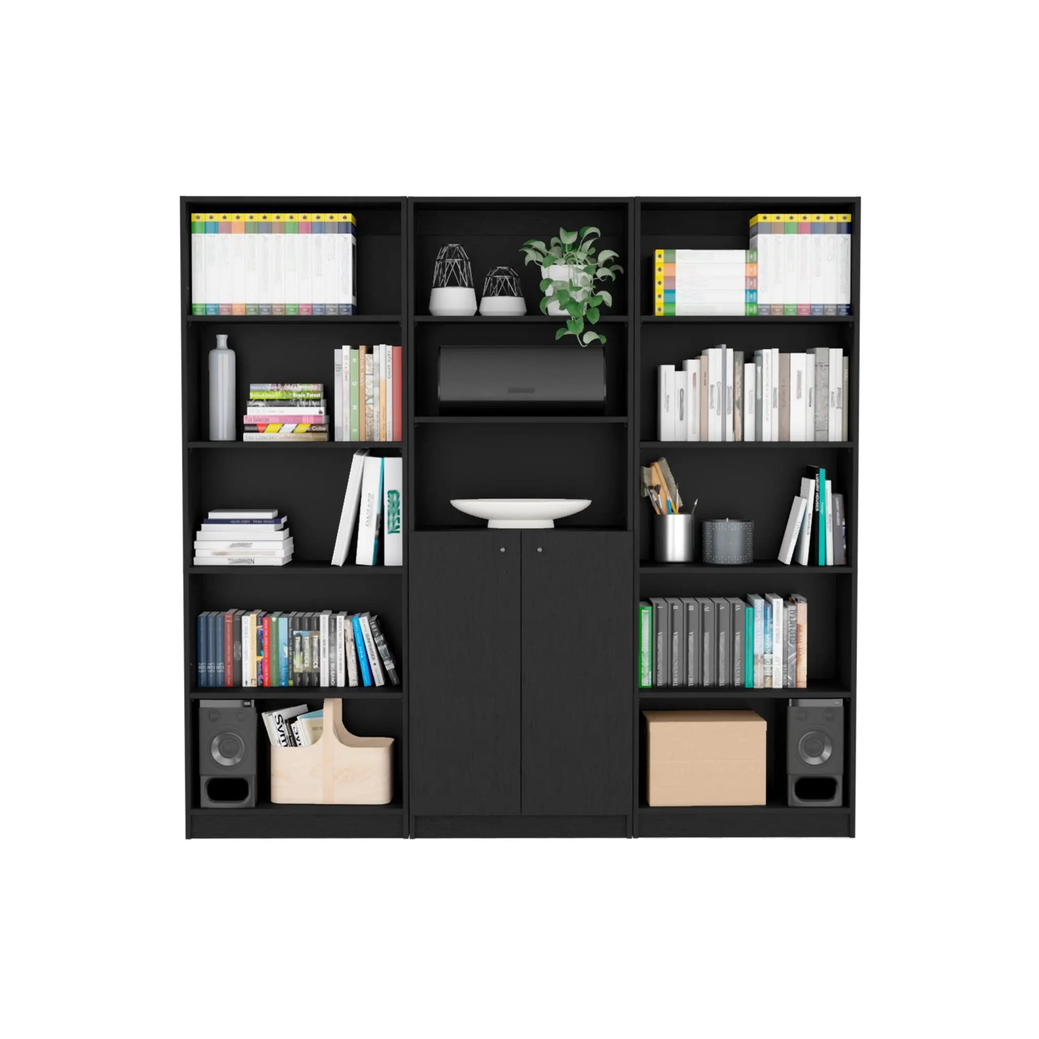 71" Black Five Tier Bookcase with Two doors Homeroots Office