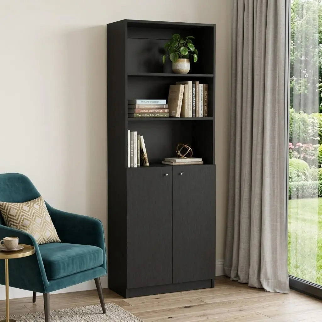 71" Black Five Tier Bookcase with Two doors Homeroots Office