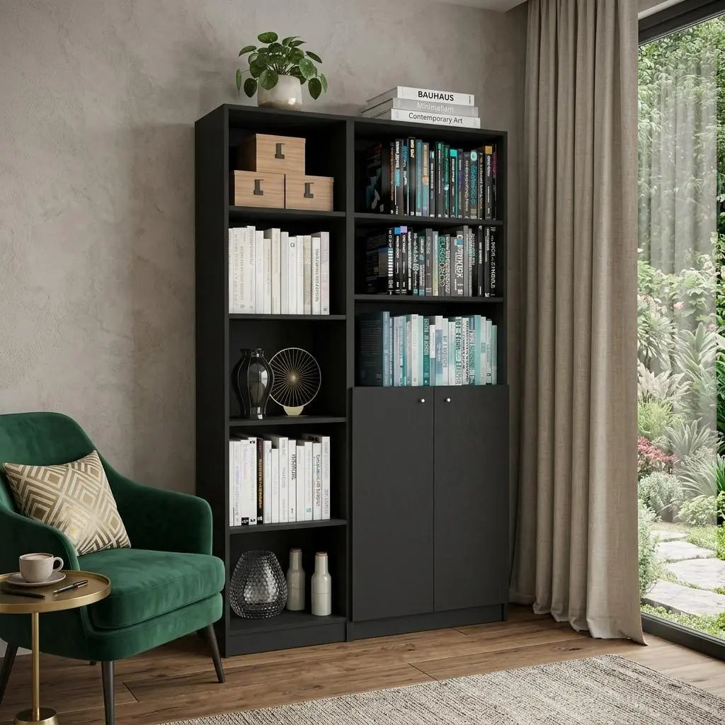 71" Black Five Tier Bookcase with Two doors Homeroots Office