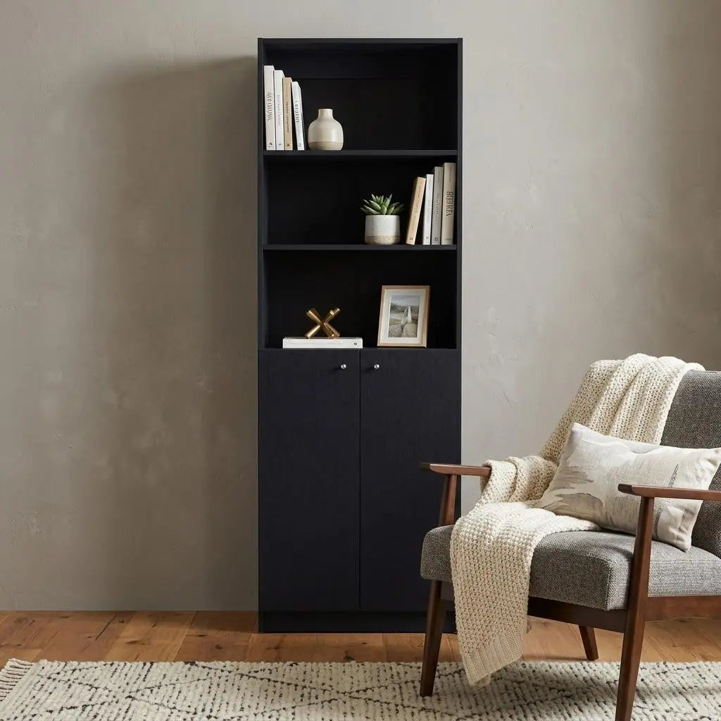 71" Black Five Tier Bookcase with Two doors Homeroots Office