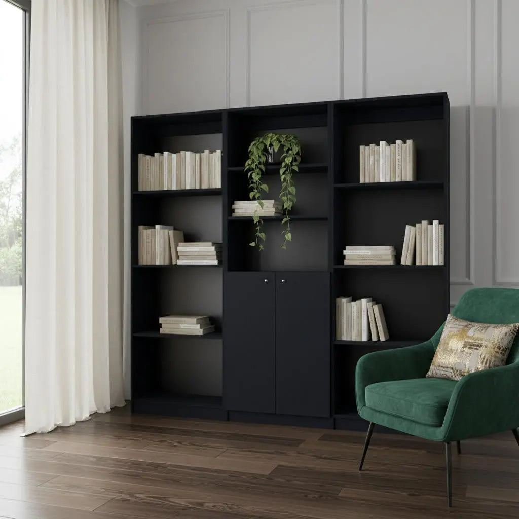 71" Black Five Tier Bookcase with Two doors Homeroots Office