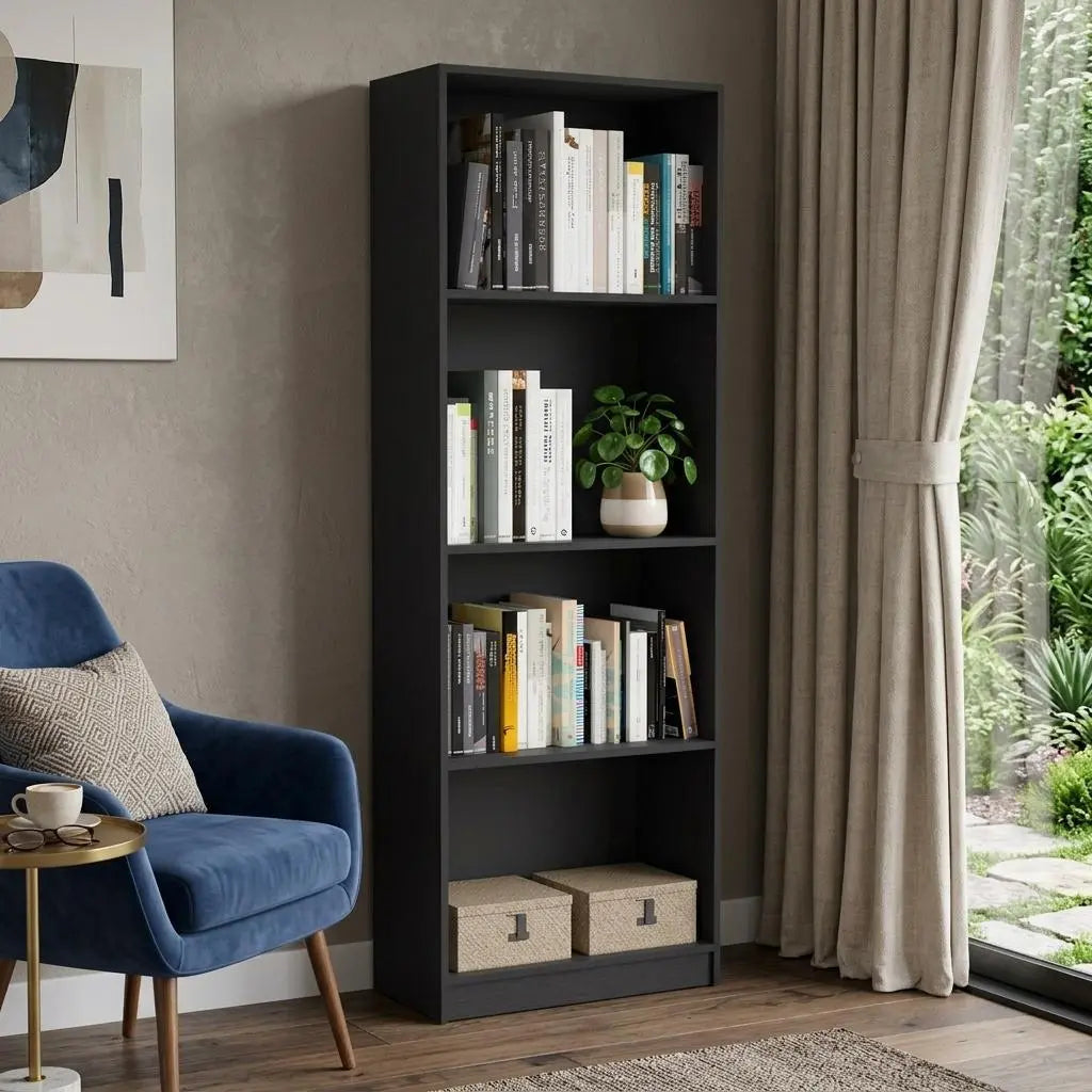 71" Black Four Tier Bookcase with Two Doors Homeroots Office