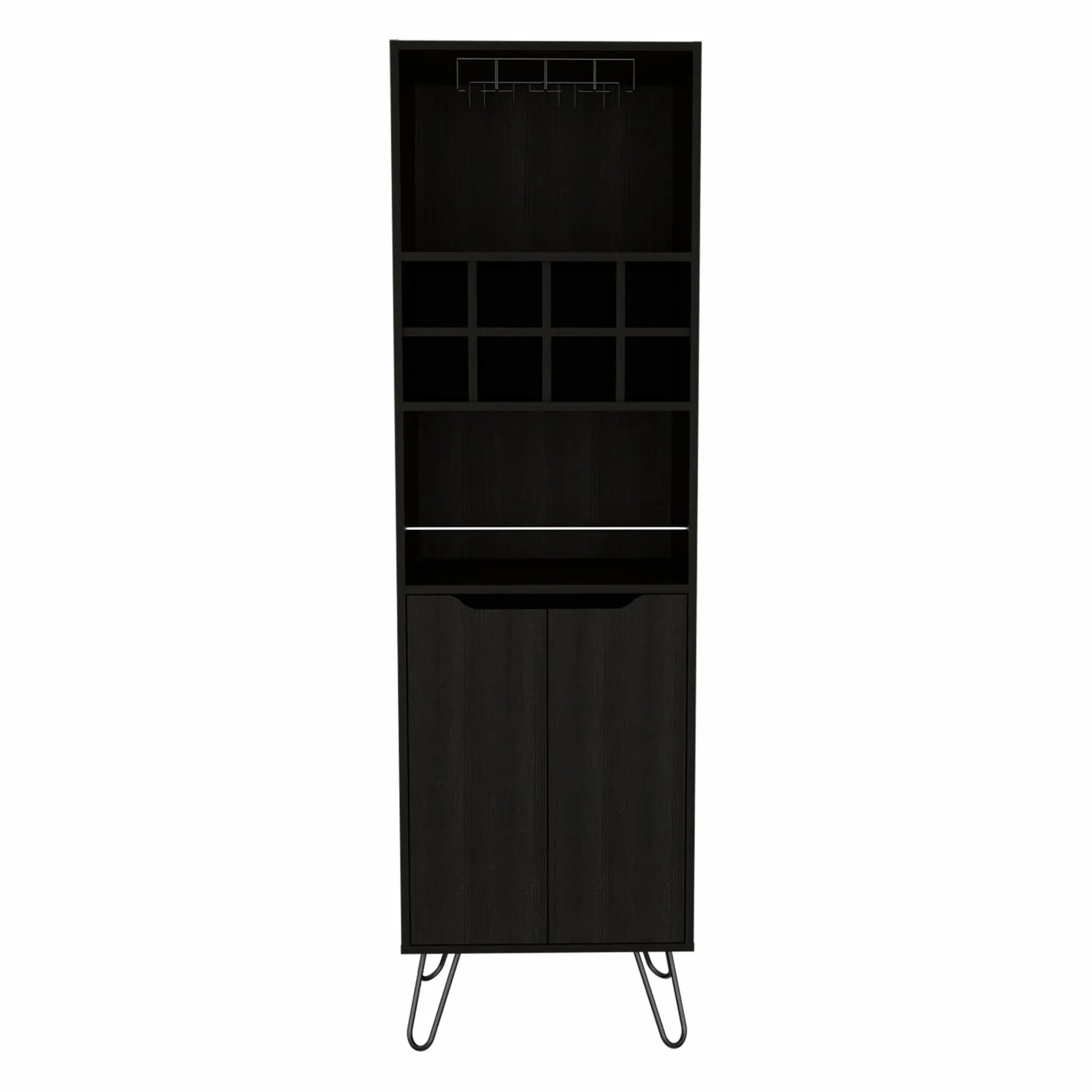 71" Black Tall Bar Cabinet with Two Door Panels and Top Wine Glass Rack Homeroots Kitchen & Dining