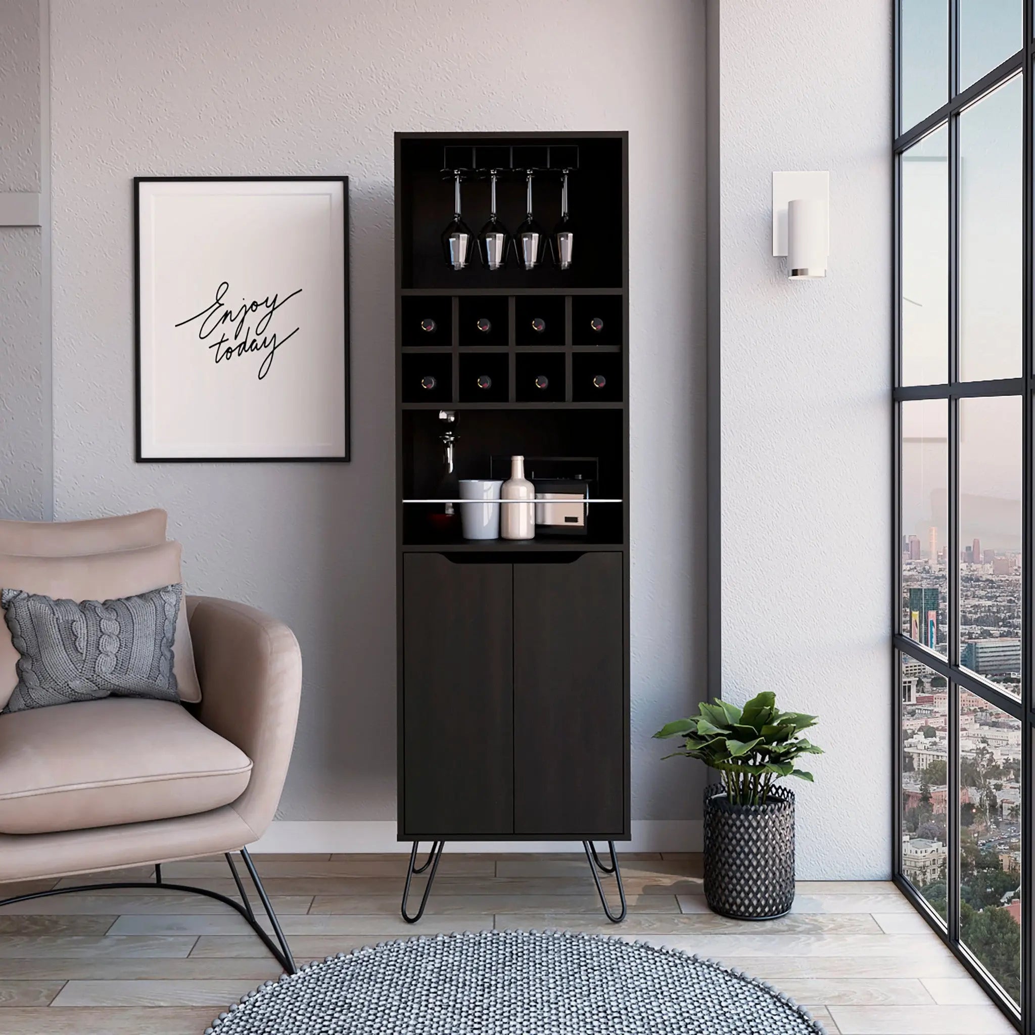 71" Black Tall Bar Cabinet with Two Door Panels and Top Wine Glass Rack Homeroots Kitchen & Dining