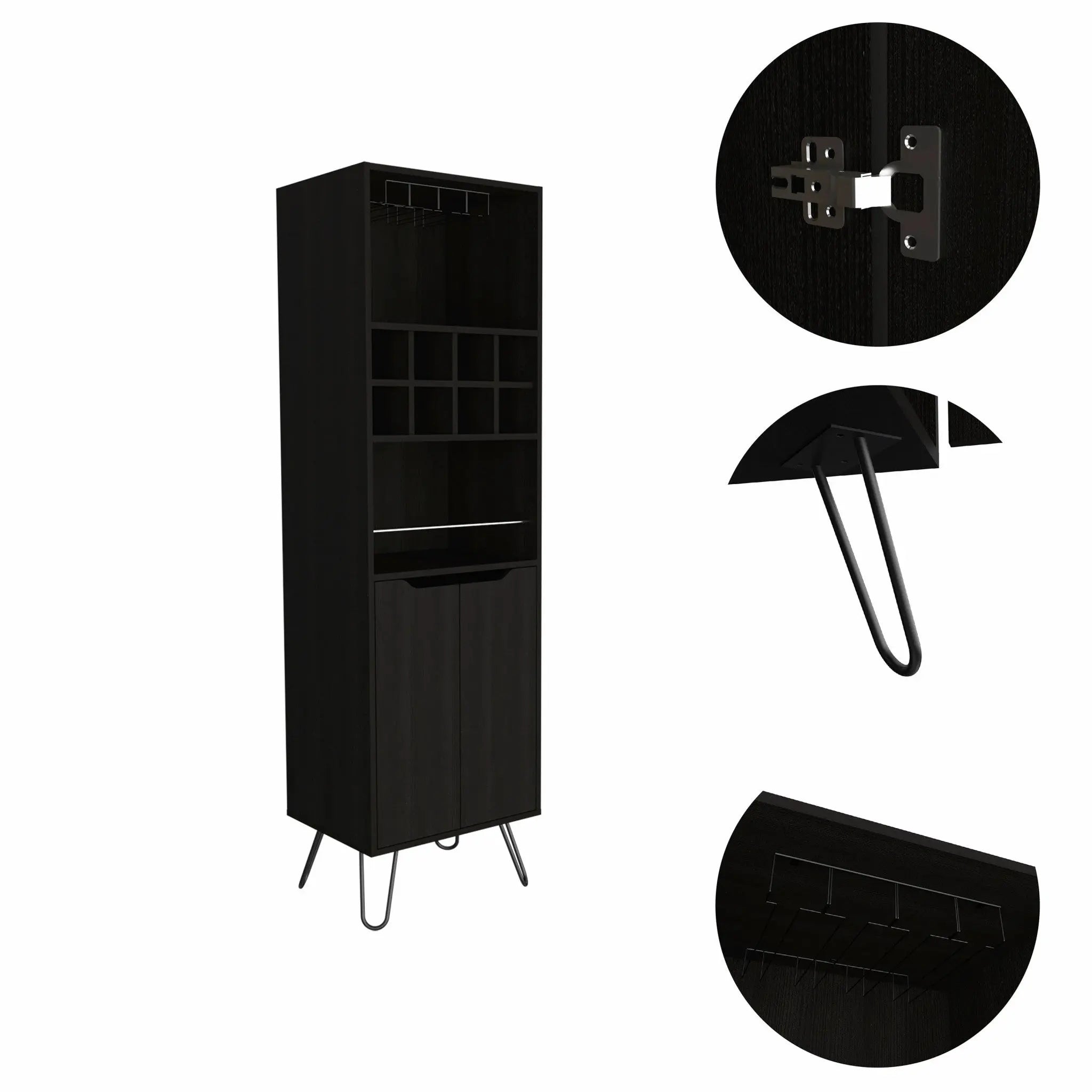 71" Black Tall Bar Cabinet with Two Door Panels and Top Wine Glass Rack Homeroots Kitchen & Dining
