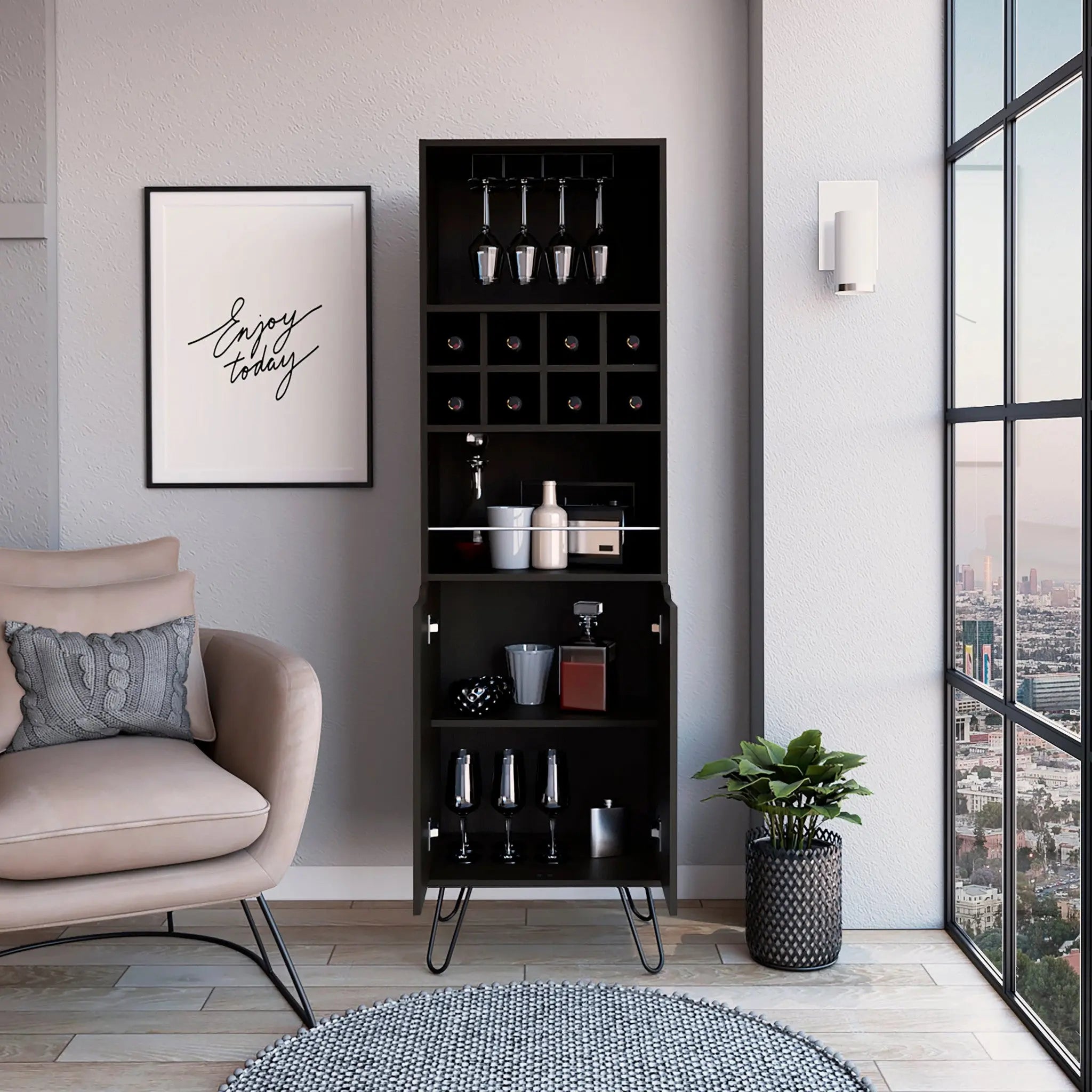 71" Black Tall Bar Cabinet with Two Door Panels and Top Wine Glass Rack Homeroots Kitchen & Dining