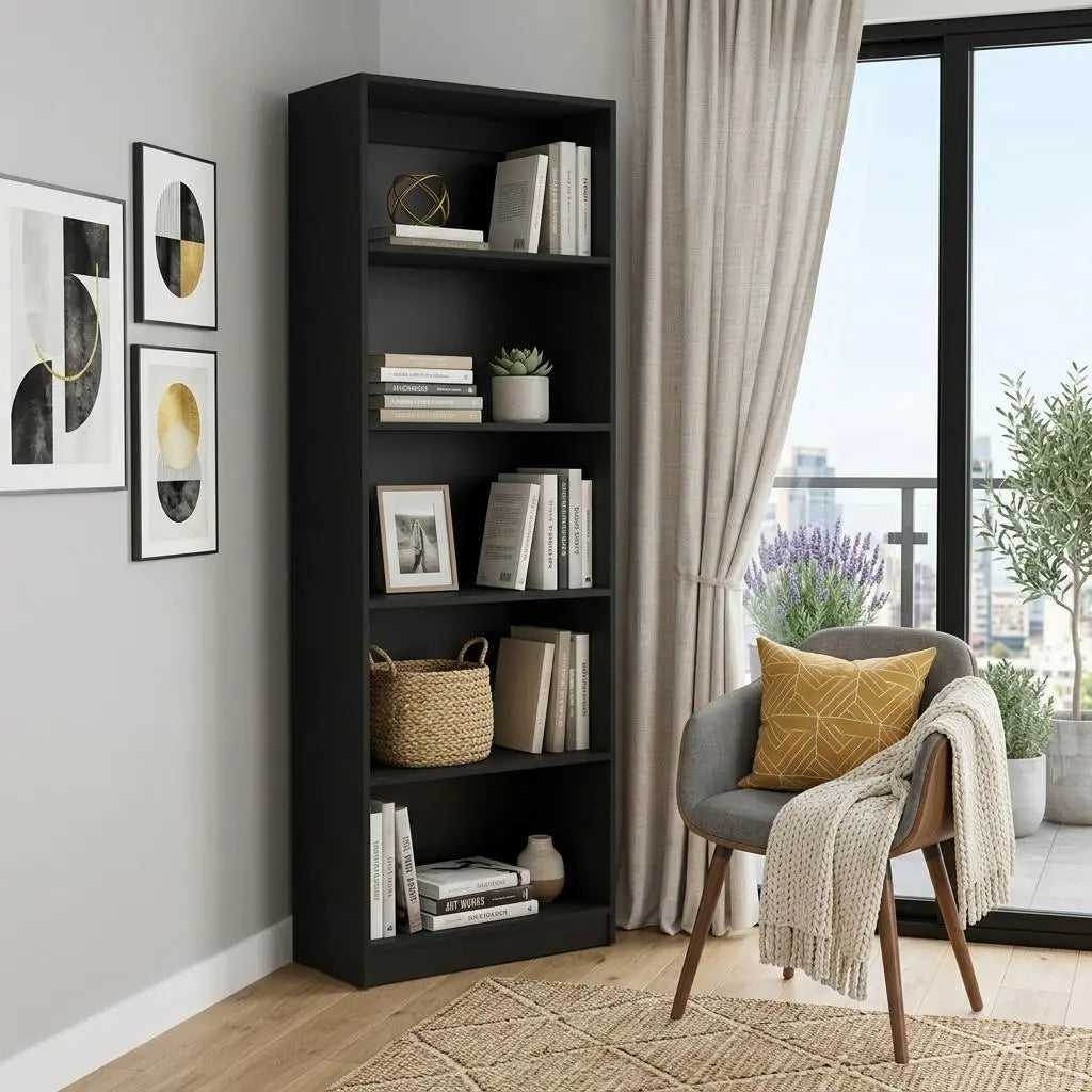 71" Black Wood Five Tier Bookcase Homeroots Office