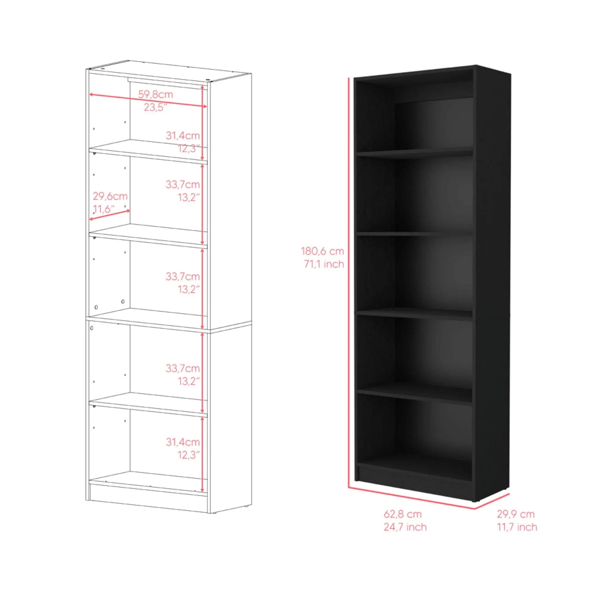 71" Black Wood Five Tier Bookcase Homeroots Office
