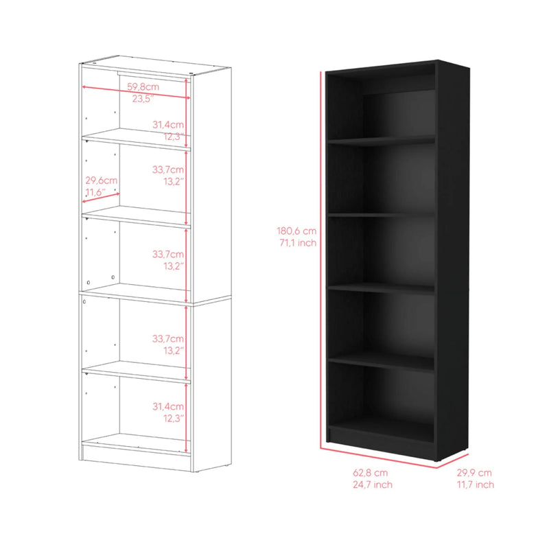 71" Black Wood Five Tier Bookcase Homeroots Office